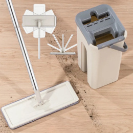 Zestaw Mop Płaski z Wiadrem Dwukomorowym Obrotowy Wyciskacz +Wiadro + 2x Mikrofibra