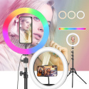 Lampa Pierścieniowa RGB LED Ring 26cm 80W ze Statywem do Selfie Makijażu