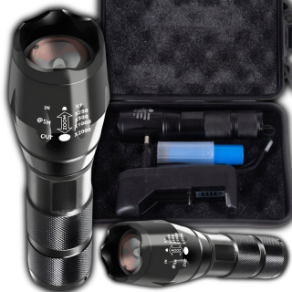 Latarka Taktyczna 2w1 LED + UV Survivalowa Zoom Wojskowa Akumulatorowa z Ładowarką