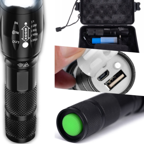 Latarka Taktyczna 2w1 LED + UV Survivalowa Zoom Wojskowa Akumulatorowa z Ładowarką