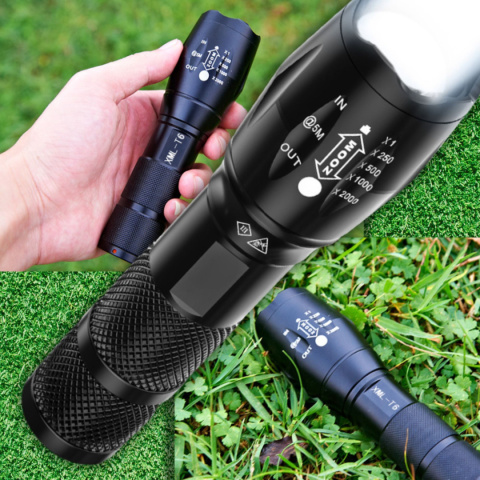 Latarka Taktyczna 2w1 LED + UV Survivalowa Zoom Wojskowa Akumulatorowa z Ładowarką