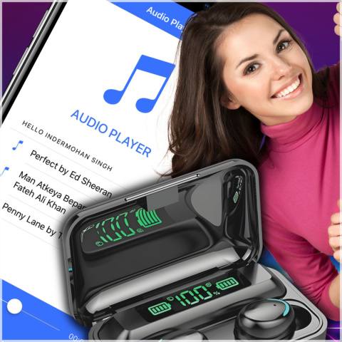 SŁUCHAWKI F9+ Bezprzewodowe Douszne Bluetooth Mikrofon Powerbank BT5