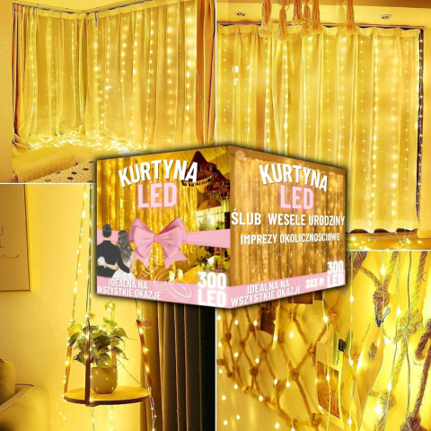 Lampki Led Kurtyna Świetlna na Okno 3x3m 300 LED Lampki na Druciku na Prąd Lampki Led Kurtyna Świetlna na Okno 3x3m 300 LED Lampki na Druciku na Prąd
