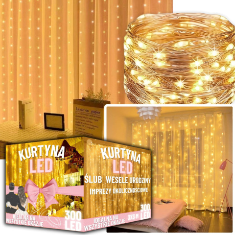 Lampki Led Kurtyna Świetlna na Okno 3x3m 300 LED Lampki na Druciku na Prąd Lampki Led Kurtyna Świetlna na Okno 3x3m 300 LED Lampki na Druciku na Prąd