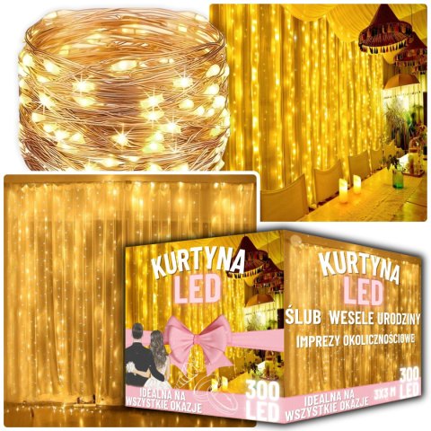 Lampki Led Kurtyna Świetlna na Okno 3x3m 300 LED Lampki na Druciku na Prąd Lampki Led Kurtyna Świetlna na Okno 3x3m 300 LED Lampki na Druciku na Prąd
