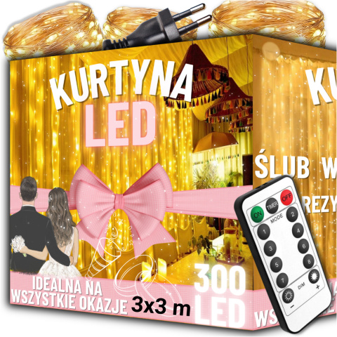 Lampki Led Kurtyna Świetlna na Okno 3x3m 300 LED Lampki na Druciku na Prąd Lampki Led Kurtyna Świetlna na Okno 3x3m 300 LED Lampki na Druciku na Prąd