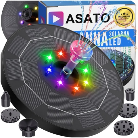 Fontanna Solarna Pływająca LED RGB Do Oczek i Stawów 6 Dysz Napowietrzanie Wody ASATO®