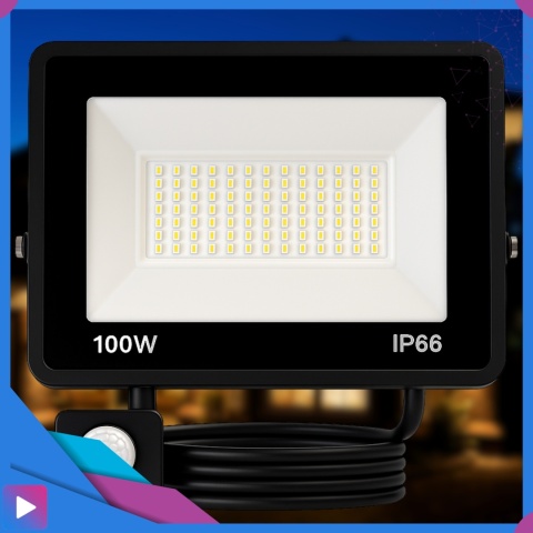 Halogen LED 100W z Czujnikiem Ruchu i Zmierzchu na Kablu Naświetlacz Zewnętrzny IP65 do Ogrodu i Elewacji ASATO®