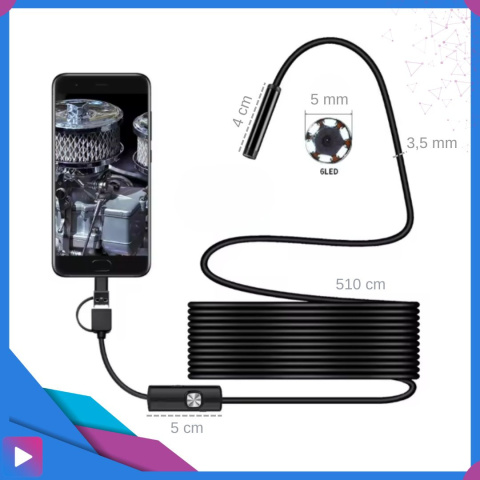 Kamera Endoskop Inspekcyjna ASATO® - 640x480 5m IP67 - Średnica 5mm 6 LED USB/USB-C Kamera Endoskop Inspekcyjna ASATO® - 640x480 5m IP67 - Średnica 5mm 6 LED USB/USB-C