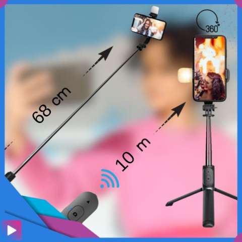 Kijek do Selfie Stick z Lampą LED Statyw Tripod + Pilot Bluetooth Kijek do Selfie Stick z Lampą LED Statyw Tripod + Pilot Bluetooth