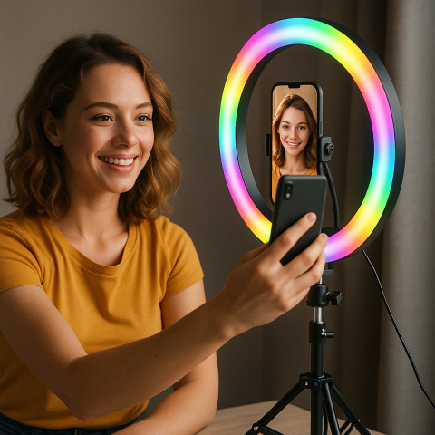 Lampa Pierścieniowa 80W LED RGB Ring 26 cm ASATO® - Statyw 210cm + Pilot Wielokolorowa Lampa Pierścieniowa 80W LED RGB Ring 26 cm ASATO® - Statyw 210cm + Pilot Wielokolorowa