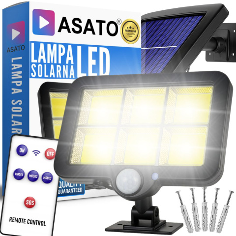 Lampa Solarna z Czujnikiem Ruchu 120 LED ASATO® - Oddzielny Panel z Kablem 480cm - Pilot - 800lm IP64 Lampa Solarna z Czujnikiem Ruchu 120 LED ASATO® - Oddzielny Panel z Kablem 480cm - Pilot - 800lm IP64