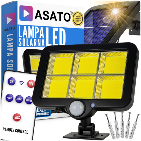 Lampa Solarna z Czujnikiem Ruchu 120 LED ASATO® - Oddzielny Panel z Kablem 480cm - Pilot - 800lm IP64 Lampa Solarna z Czujnikiem Ruchu 120 LED ASATO® - Oddzielny Panel z Kablem 480cm - Pilot - 800lm IP64