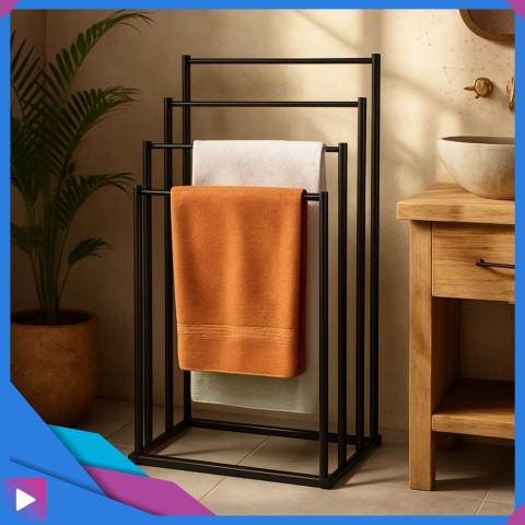 Stojak Wieszak na Ręczniki 4w1 Metalowy Czarny Wolnostojący Nowoczesny Wieszak do Łazienki ASATO® Stojak Wieszak na Ręczniki 4w1 Metalowy Czarny Wolnostojący Nowoczesny Wieszak do Łazienki ASATO®