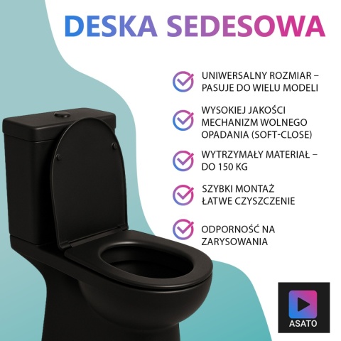 Deska Sedesowa Wolnoopadająca 1046 Black Czarna Duroplast 42x36cm ASATO® Antybakteryjna Twarda - Uniwersalna