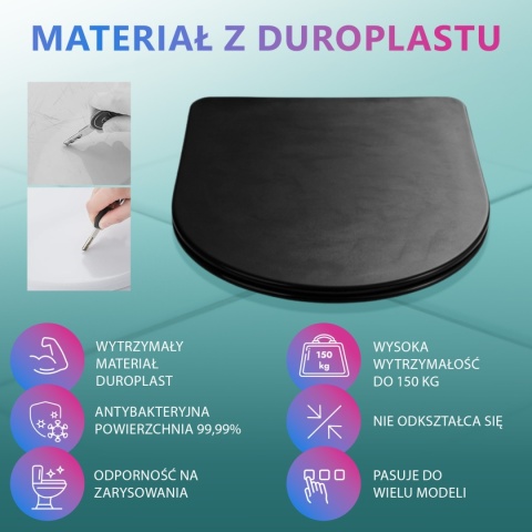 Deska Sedesowa Wolnoopadająca 1046 Black Czarna Duroplast 42x36cm ASATO® Antybakteryjna Twarda - Uniwersalna