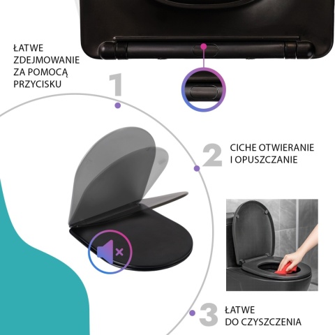 Deska Sedesowa Wolnoopadająca 1046 Black Czarna Duroplast 42x36cm ASATO® Antybakteryjna Twarda - Uniwersalna