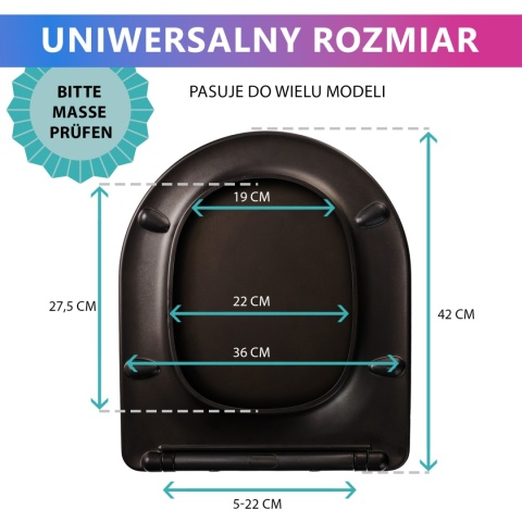 Deska Sedesowa Wolnoopadająca 1046 Black Czarna Duroplast 42x36cm ASATO® Antybakteryjna Twarda - Uniwersalna