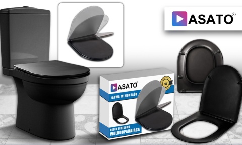 Deska Sedesowa Wolnoopadająca 1046 Black Czarna Duroplast 42x36cm ASATO® Antybakteryjna Twarda - Uniwersalna