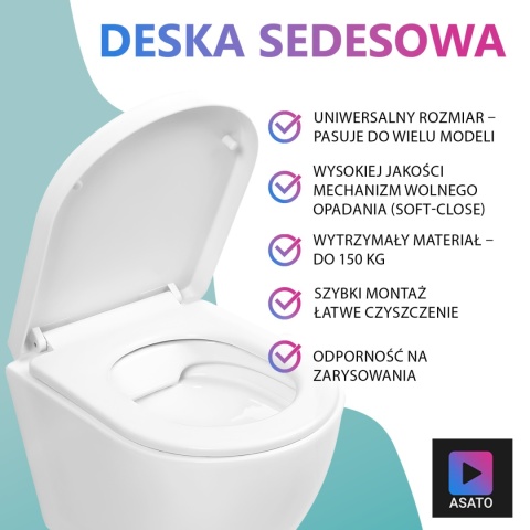 Deska Sedesowa Wolnoopadająca 113 ASATO® Biała Duroplast Antybakteryjna - Uniwersalna 46x36,5cm