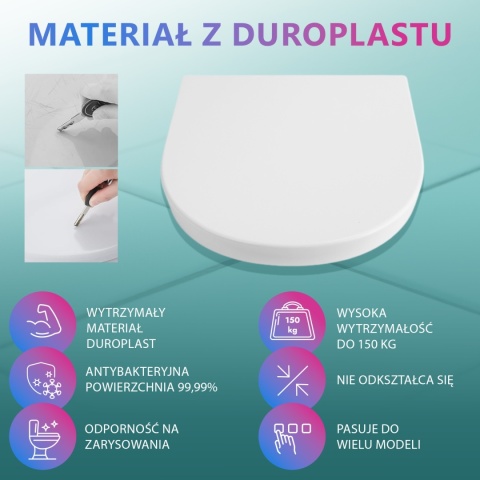 Deska Sedesowa Wolnoopadająca 113 ASATO® Biała Duroplast Antybakteryjna - Uniwersalna 46x36,5cm