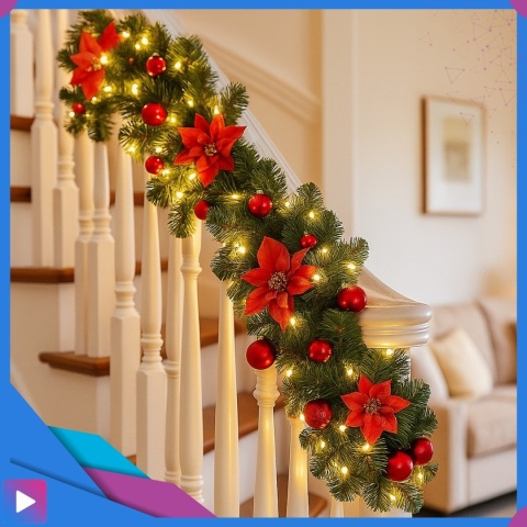 Girlanda Świąteczna Sztuczna z Lampkami LED 270 cm + Bombki Choinkowa Ozdobna Choinkowa Ozdoby