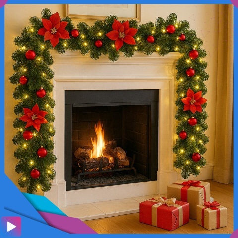 Girlanda Świąteczna Sztuczna z Lampkami LED 270 cm + Bombki Choinkowa Ozdobna Choinkowa Ozdoby