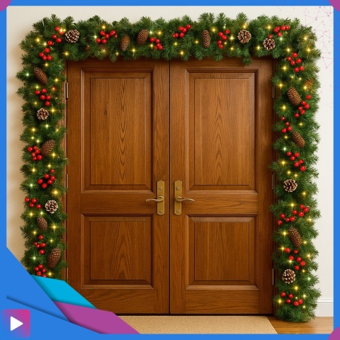 Girlanda Świąteczna z Lampkami LED + Szyszki Jarzębina Choinkowa Ozdobna 270 cm