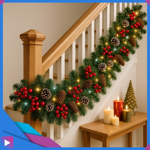 Girlanda Świąteczna z Lampkami LED + Szyszki Jarzębina Choinkowa Ozdobna 270 cm