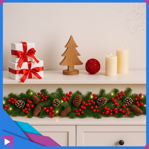 Girlanda Świąteczna z Lampkami LED + Szyszki Jarzębina Choinkowa Ozdobna 270 cm