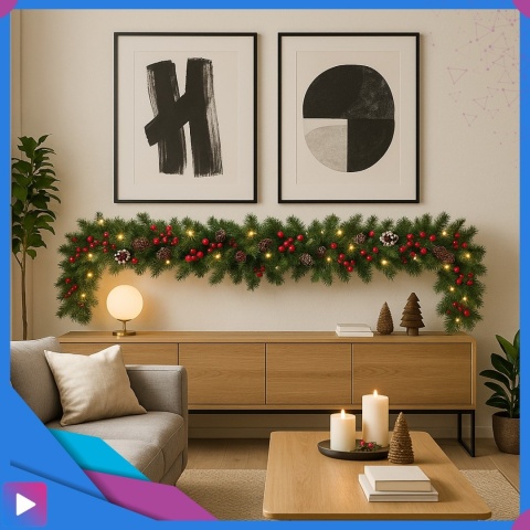 Girlanda Świąteczna z Lampkami LED + Szyszki Jarzębina Choinkowa Ozdobna 270 cm