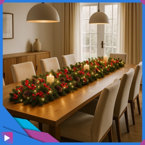 Girlanda Świąteczna z Lampkami LED + Szyszki Jarzębina Choinkowa Ozdobna 270 cm