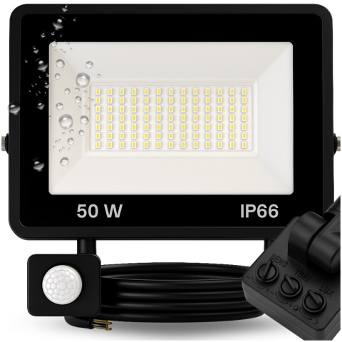 Halogen Naświetlacz LED 50W z Czujnikiem Ruchu i Zmierzchu na Kablu Naświetlacz Zewnętrzny IP65 do Ogrodu i Elewacji ASATO®