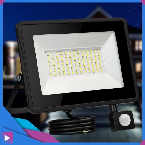 Halogen Naświetlacz LED 50W z Czujnikiem Ruchu i Zmierzchu na Kablu Naświetlacz Zewnętrzny IP65 do Ogrodu i Elewacji ASATO®