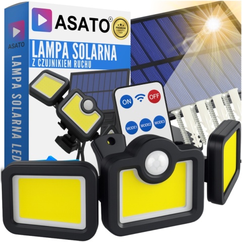 Lampa Solarna 3w1 171 LED Czujnik Ruchu IP44 Panel na Kablu Pilot Zewnętrzna ASATO®