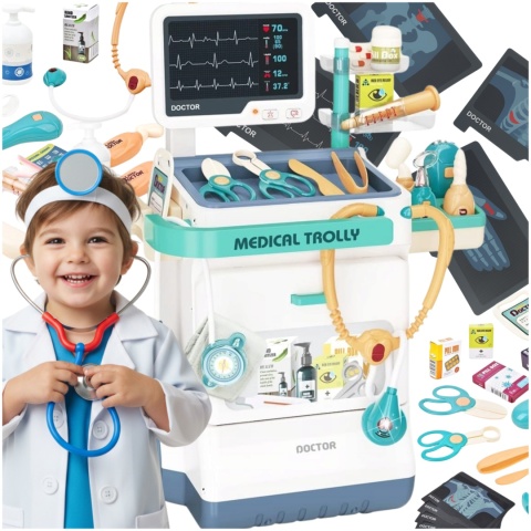 Zestaw Mały Lekarza dla Dzieci Interaktywny Wózek Medyczny 26 Elementów Światło Dźwięk Edukacyjny ASATO®