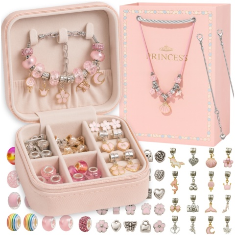 Zestaw do Robienia Bransoletek Naszyjników Biżuterii Dla Dziewczynek z Charmsami Etui 66 Elementów Prezent ASATO®
