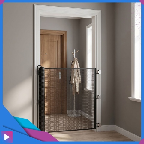 Bramka zabezpieczająca 150x78 cm ASATO® Na Schody Drzwi Dla Dzieci Psa Rolowana Czarna Barierka Zabezpieczająca