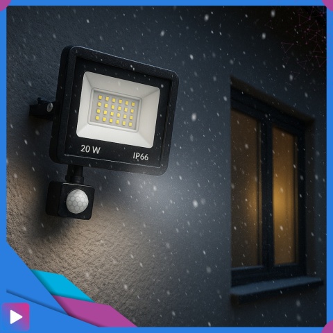 Halogen Naświetlacz LED 20W z Czujnikiem Ruchu i Zmierzchu na Kablu Naświetlacz Zewnętrzny IP65 do Ogrodu i Elewacji ASATO®