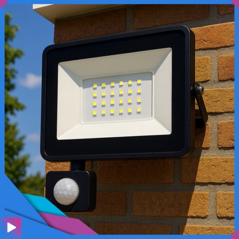 Halogen Naświetlacz LED 20W z Czujnikiem Ruchu i Zmierzchu na Kablu Naświetlacz Zewnętrzny IP65 do Ogrodu i Elewacji ASATO®