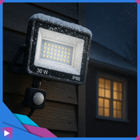 Halogen Naświetlacz LED 30W z Czujnikiem Ruchu i Zmierzchu na Kablu Naświetlacz Zewnętrzny IP65 do Ogrodu i Elewacji ASATO®