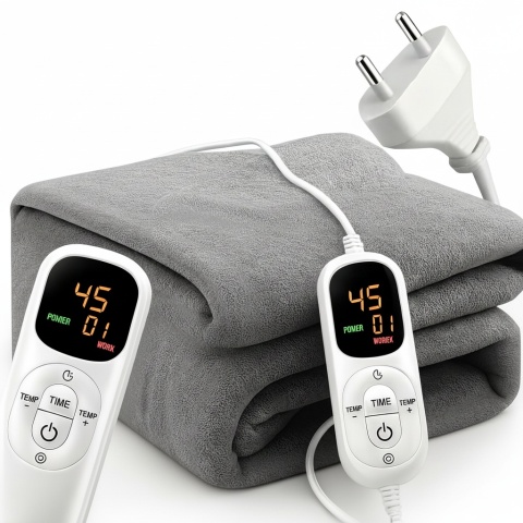 Duży Koc Elektryczny Podgrzewany 180x160cm 200W Pilot Timer Miękki Szary ASATO®