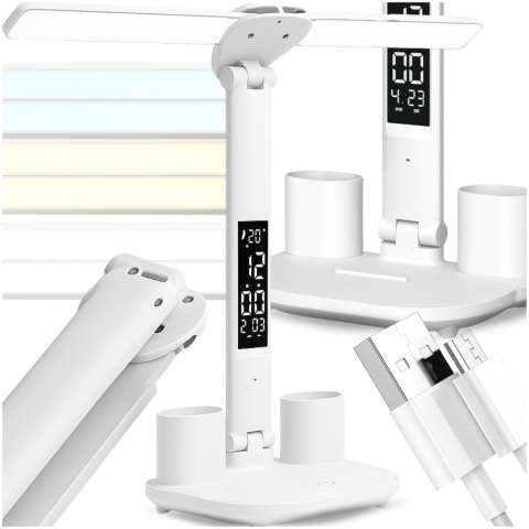 Lampka Biurkowa LED 6w1 Wyświetlacz Zegar Organizer Podwójne Ramiona i USB ASATO®