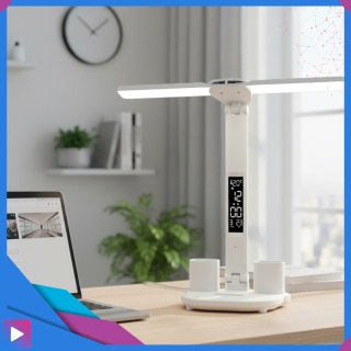 Lampka Biurkowa LED 6w1 Wyświetlacz Zegar Organizer Podwójne Ramiona i USB ASATO®