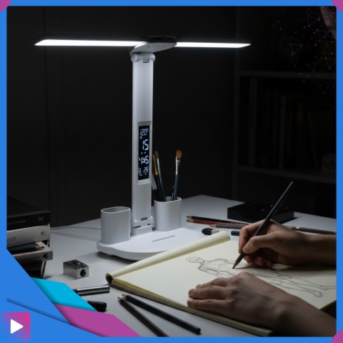 Lampka Biurkowa LED 6w1 Wyświetlacz Zegar Organizer Podwójne Ramiona i USB ASATO®