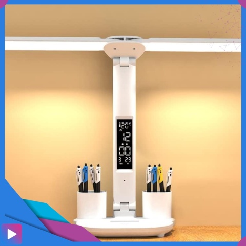 Lampka Biurkowa LED 6w1 Wyświetlacz Zegar Organizer Podwójne Ramiona i USB ASATO®