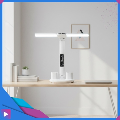 Lampka Biurkowa LED 6w1 Wyświetlacz Zegar Organizer Podwójne Ramiona i USB ASATO®