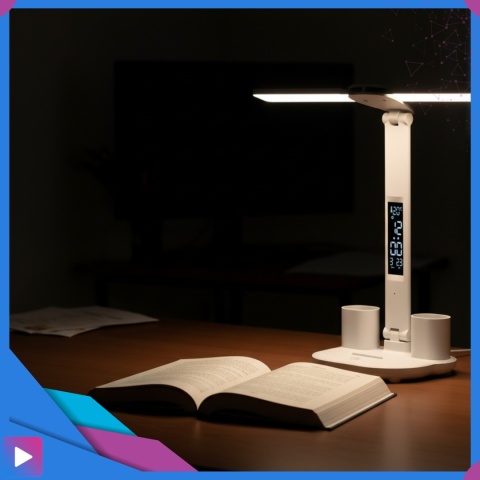 Lampka Biurkowa LED 6w1 Wyświetlacz Zegar Organizer Podwójne Ramiona i USB ASATO®