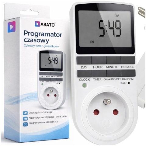 Programator Czasowy do Gniazdka Gniazdkowy LCD 10 Programów Bateria ASATO®