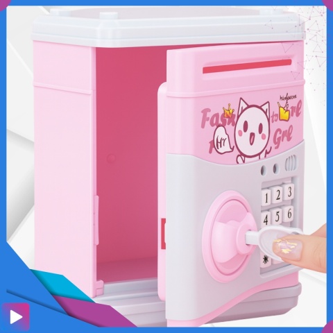 Sejf Skarbonka dla Dziewczynki na Kluczyk Dźwięki Melodie Zabawkowy Bankomat Różowy ASATO®